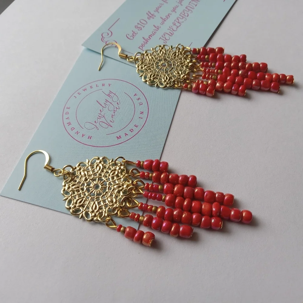 Hand Crafted Gold and Orange Beaded Earrings - Picture 3 of 6